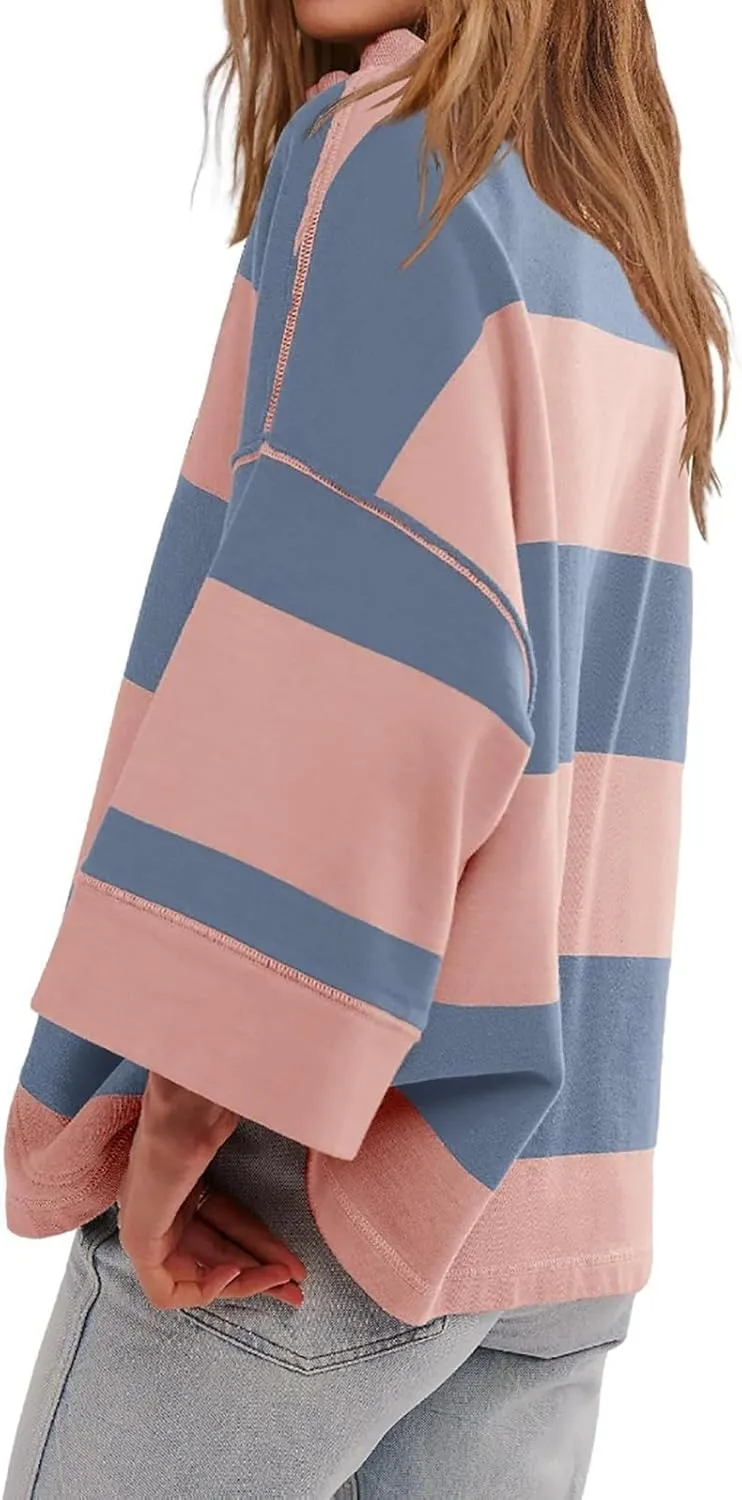 Oversized Womens T Shirts Fall Spring Sweatshirt Half Zipper Turtleneck Sweater Long Sleeve Tops for Women