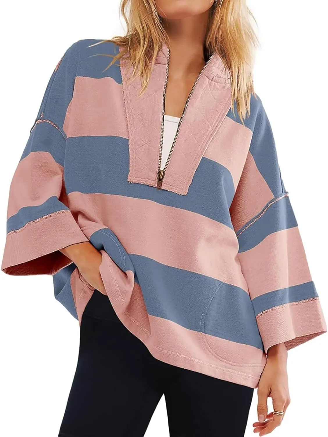 Oversized Womens T Shirts Fall Spring Sweatshirt Half Zipper Turtleneck Sweater Long Sleeve Tops for Women