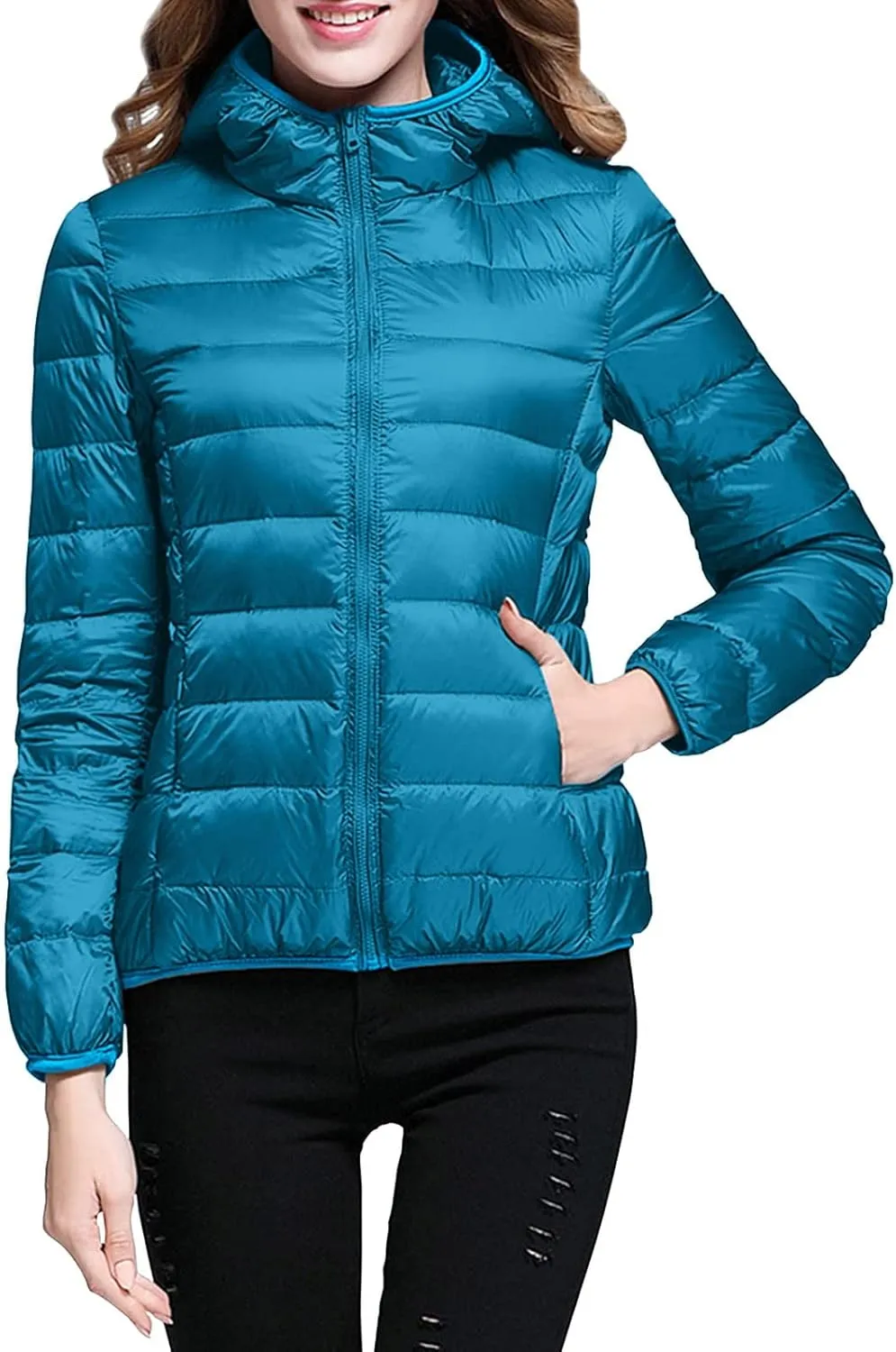 Packable Puffer Jacket Women Lightweight Short Down Jackets Winter Trendy Slim Fit Hooded Bubble Coat Light Puffer Jackets