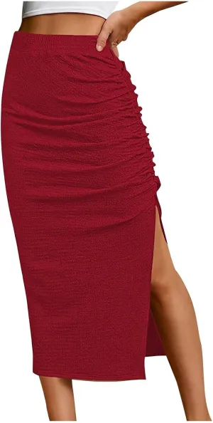 Pencil Skirts for Women High Waisted Maxi Skirts with Side Slit Dressy Casual Skirts Elegant Ruched Bodycon Skirt