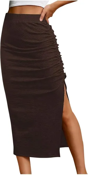 Pencil Skirts for Women High Waisted Maxi Skirts with Side Slit Dressy Casual Skirts Elegant Ruched Bodycon Skirt