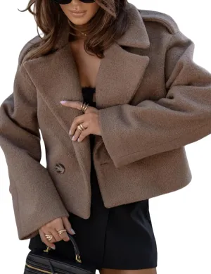 Perbai Womens Cropped Peacoat Double Breasted Notched Lapel Wool Blend Short Winter Trench Jacket