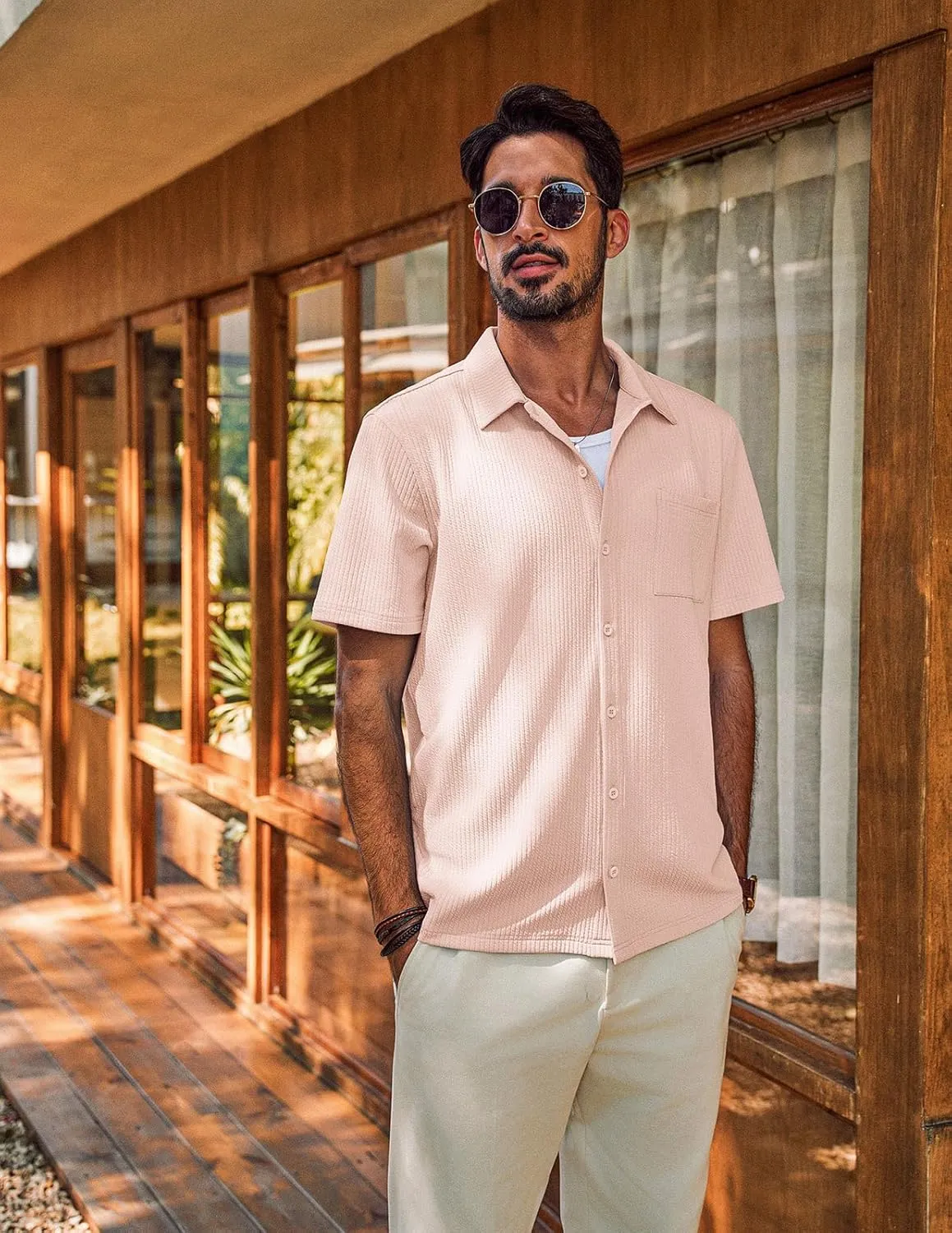 PJ PAUL JONES Men's Casual Button Down Shirts Summer Short Sleeve Wrinkle-Free Shirts with Pocket