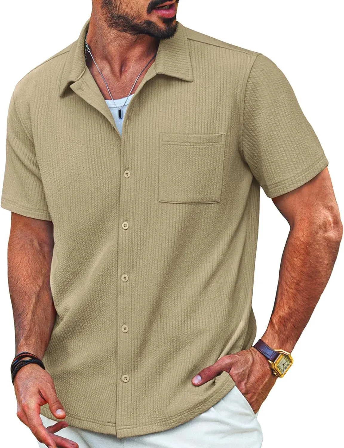PJ PAUL JONES Men's Casual Button Down Shirts Summer Short Sleeve Wrinkle-Free Shirts with Pocket