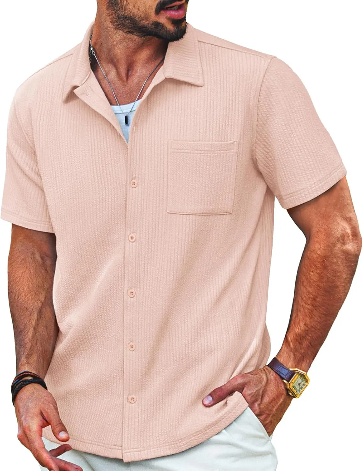 PJ PAUL JONES Men's Casual Button Down Shirts Summer Short Sleeve Wrinkle-Free Shirts with Pocket