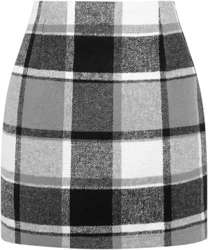 Plaid Skirts for Women Trendy Mini Skirt High Waisted Bodycon Pencil Wool Skirts A Lined Short Skirts Womens Fashion Flannel Skirts Cruise Essentials Outfits(C Gray,S)