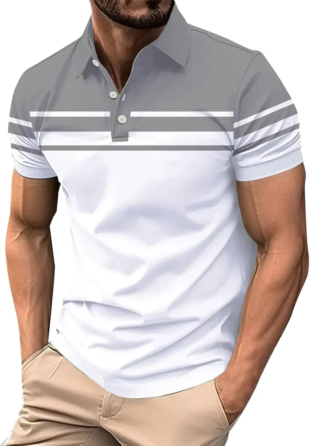 Polo Shirts for Men Moisture Wicking Performance Casual Short Sleeve Golf Shirt Stylish Striped Smart Formal T-Shirts