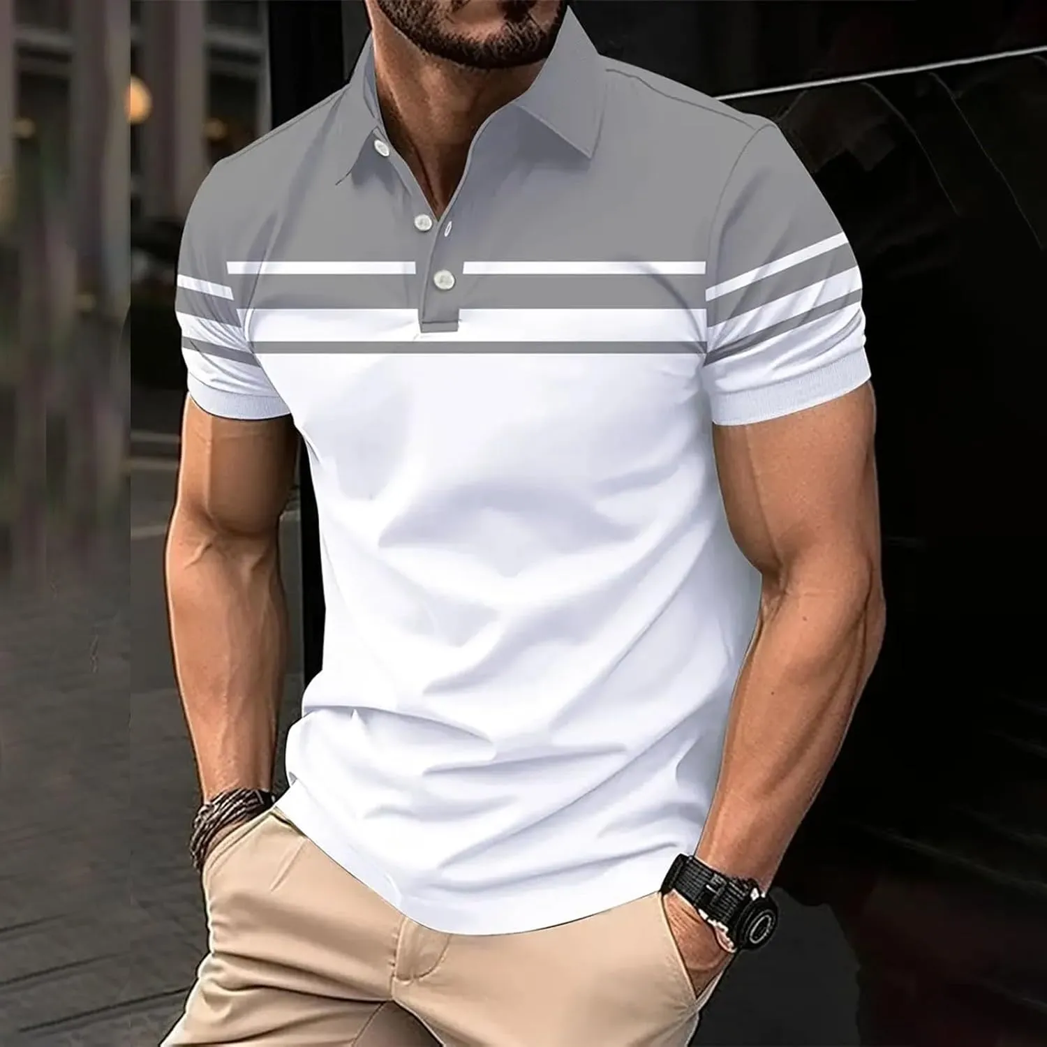 Polo Shirts for Men Moisture Wicking Performance Casual Short Sleeve Golf Shirt Stylish Striped Smart Formal T-Shirts