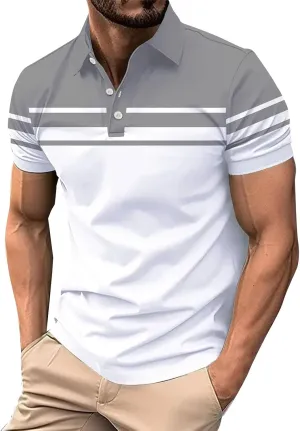 Polo Shirts for Men Moisture Wicking Performance Casual Short Sleeve Golf Shirt Stylish Striped Smart Formal T-Shirts