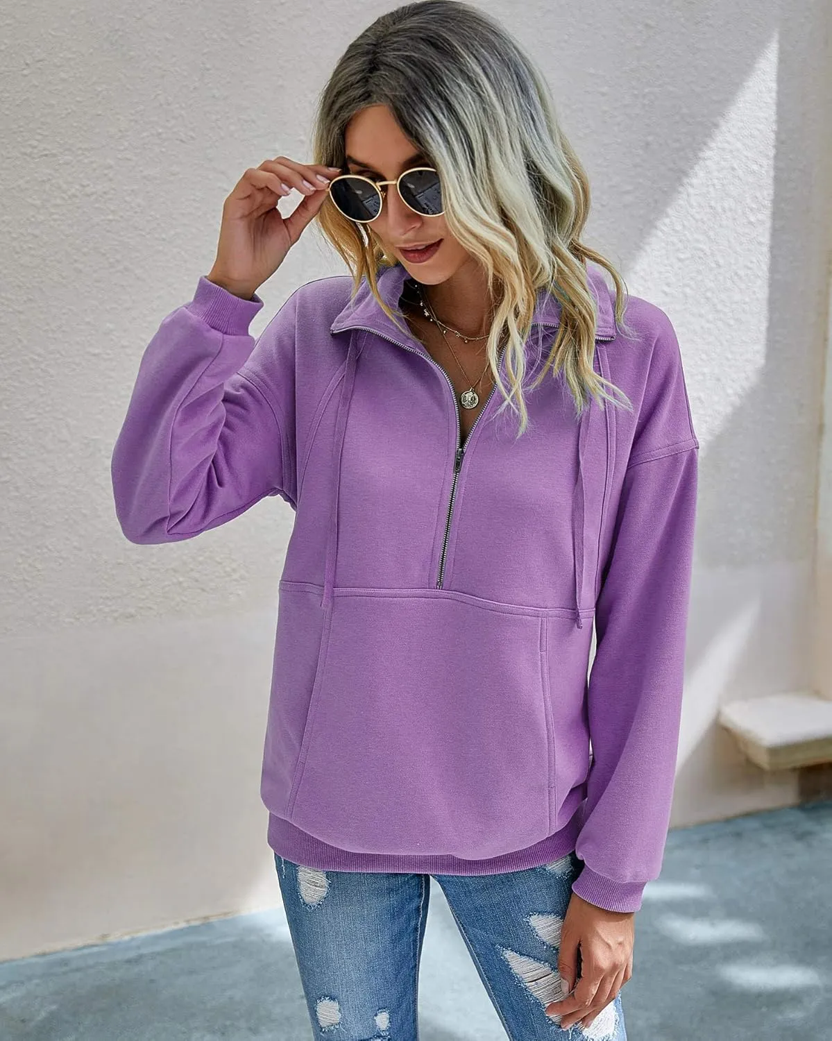 PRETTYGARDEN Women's Casual Long Sleeve Lapel Zipper Sweatshirt Drawstring Loose Pullover Tops