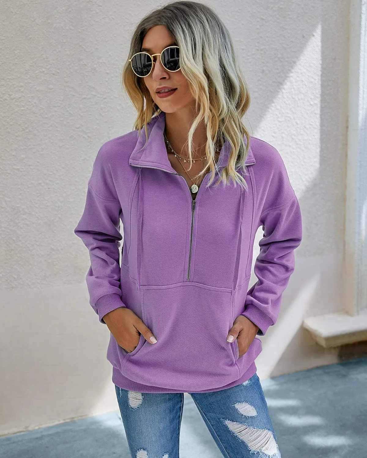 PRETTYGARDEN Women's Casual Long Sleeve Lapel Zipper Sweatshirt Drawstring Loose Pullover Tops