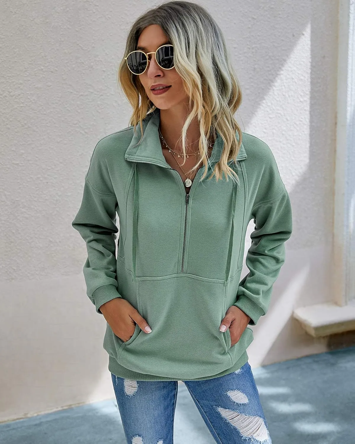 PRETTYGARDEN Women's Casual Long Sleeve Lapel Zipper Sweatshirt Drawstring Loose Pullover Tops