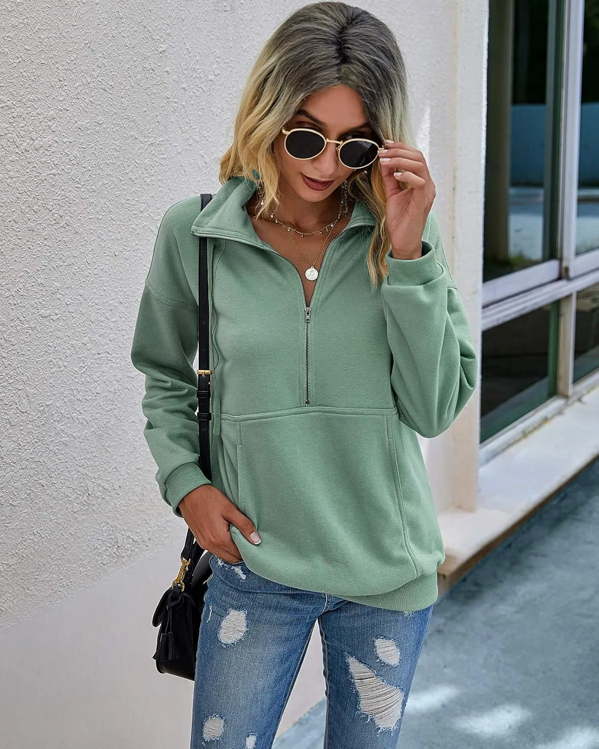 PRETTYGARDEN Women's Casual Long Sleeve Lapel Zipper Sweatshirt Drawstring Loose Pullover Tops