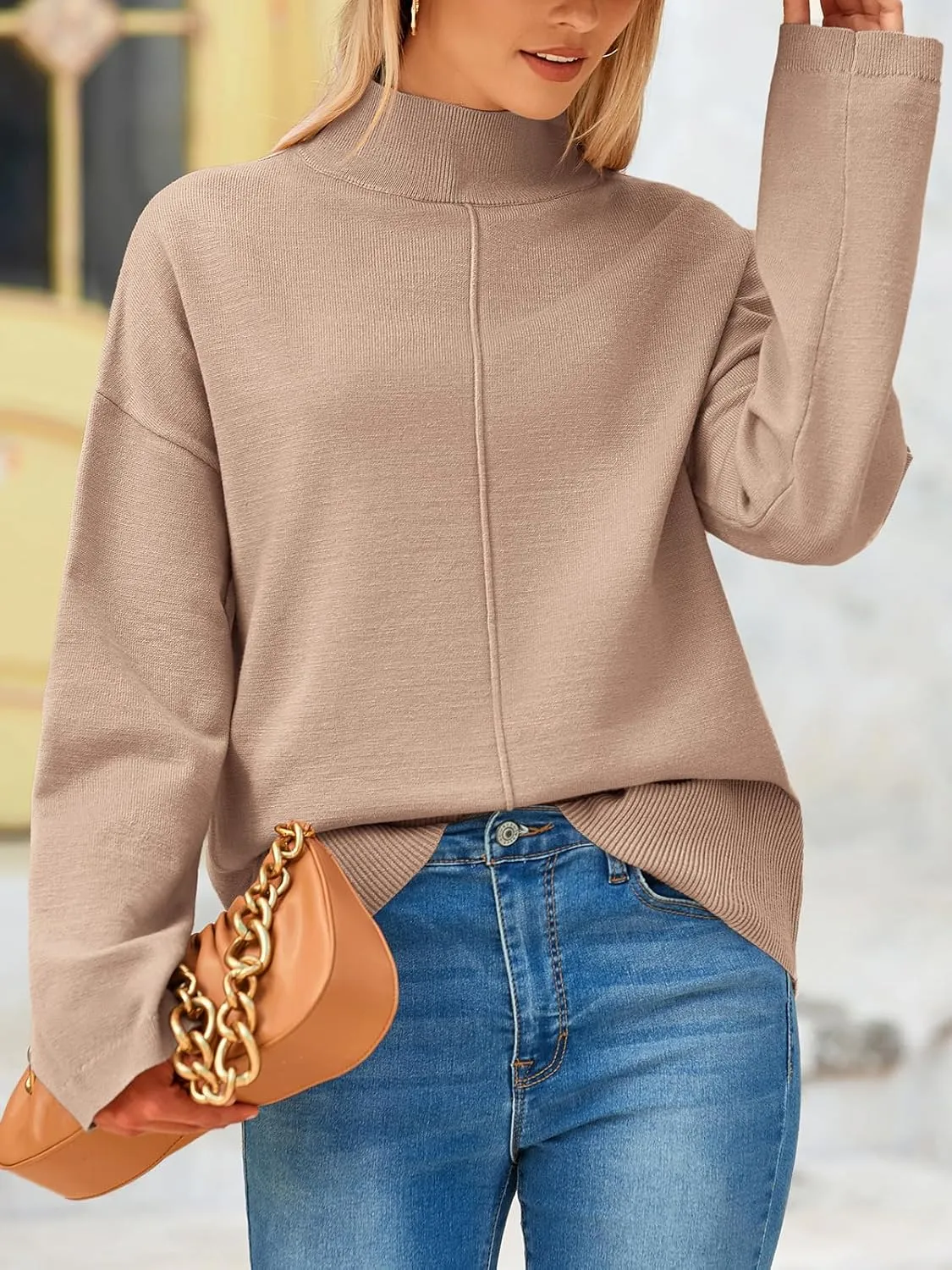 PRETTYGARDEN Womens Sweaters Fall 2025 Long Sleeve Ribbed Knit Pullover Loose Mock Neck Lightweight Casual Sweater Tops
