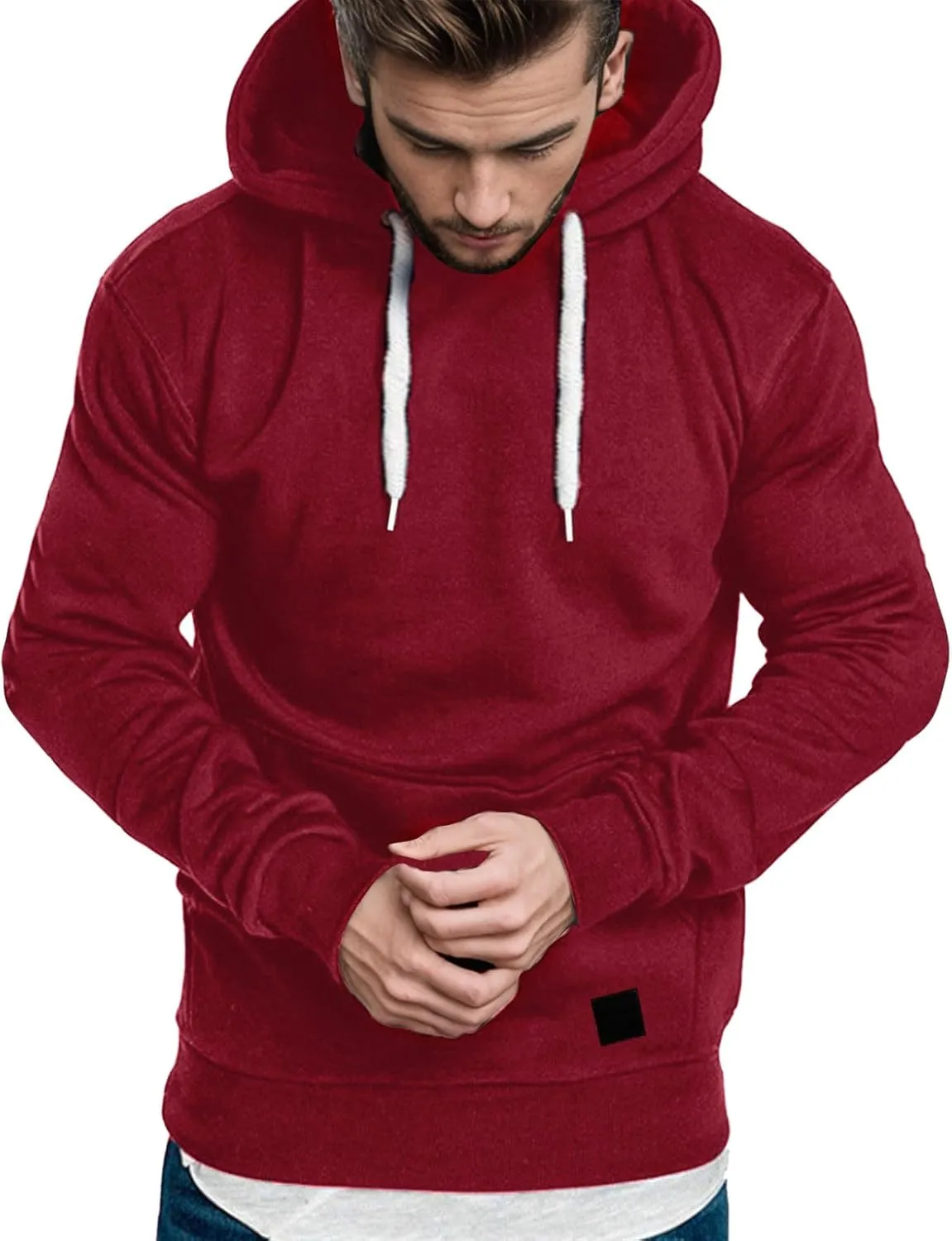 Pullover Hoodies for Men Solid Long Sleeve Drawstring Hooded Sweatshirt Trendy 2025 New Hoodies with Pockets