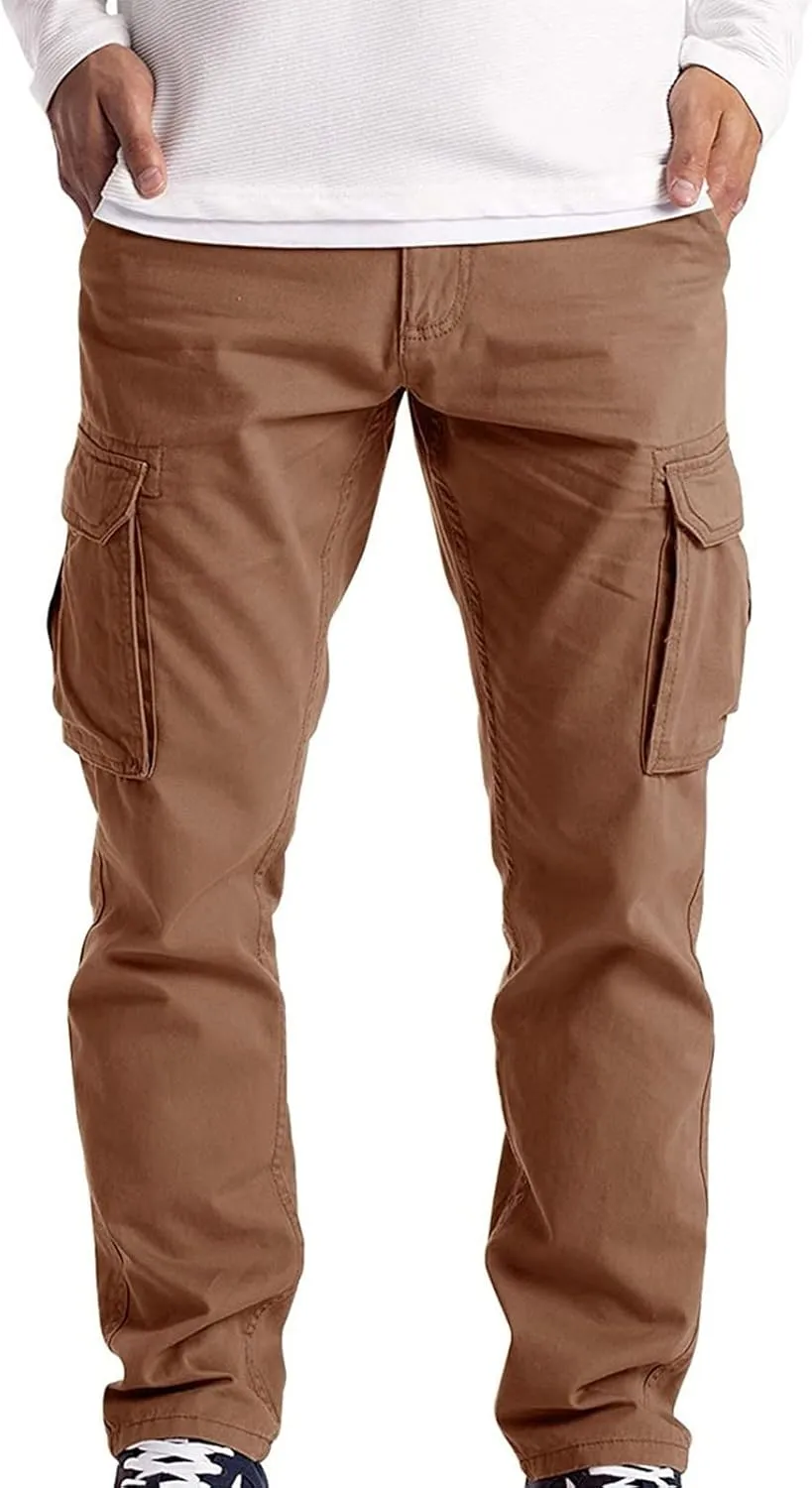 QWENTMTNTY Mens Cargo Pants Baggy Stretch Elastic Waist Straight Chino Pants Drawstring Casual Tactical Hiking Work Pants