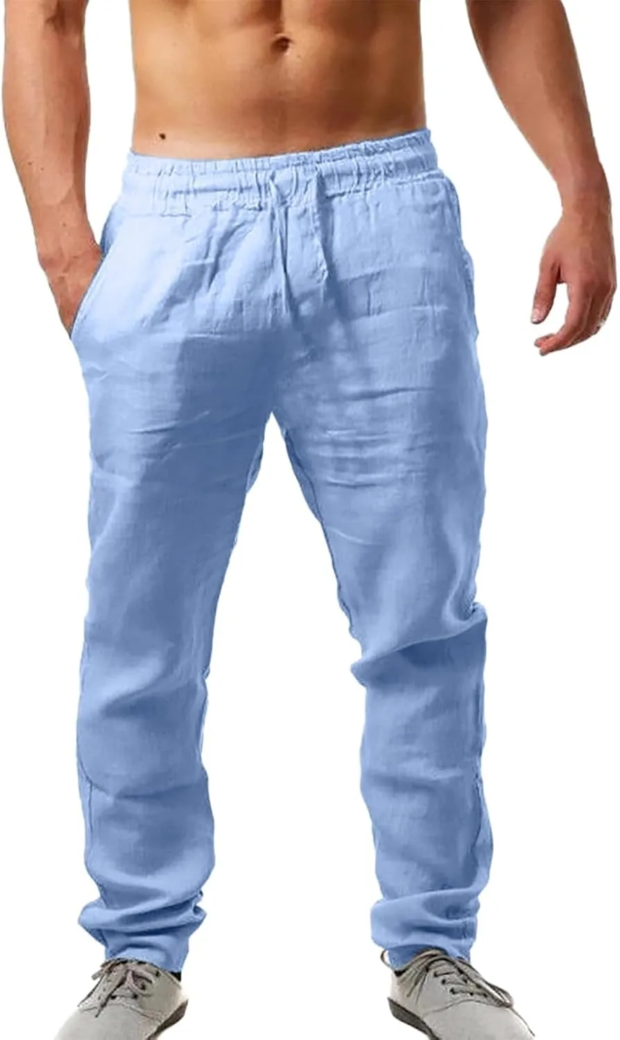 QWENTMTNTY Men's Elastic Waist Linen Pants Casual Relaxed Fit Loose Lightweight Pants Comfort Yoga Beach Drawstring Trousers