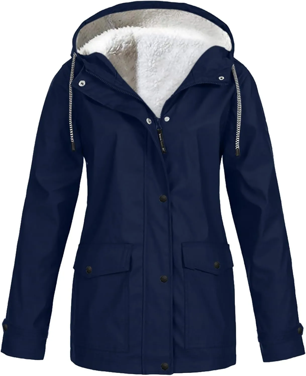 Rain Jacket Womens Waterproof with Hood Fleece Solid Lined Raincoat Lightweight Outdoor Windbreaker Jacket