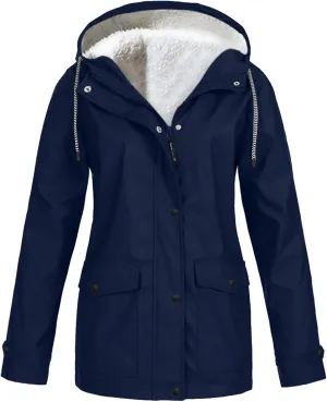 Rain Jacket Womens Waterproof with Hood Fleece Solid Lined Raincoat Lightweight Outdoor Windbreaker Jacket