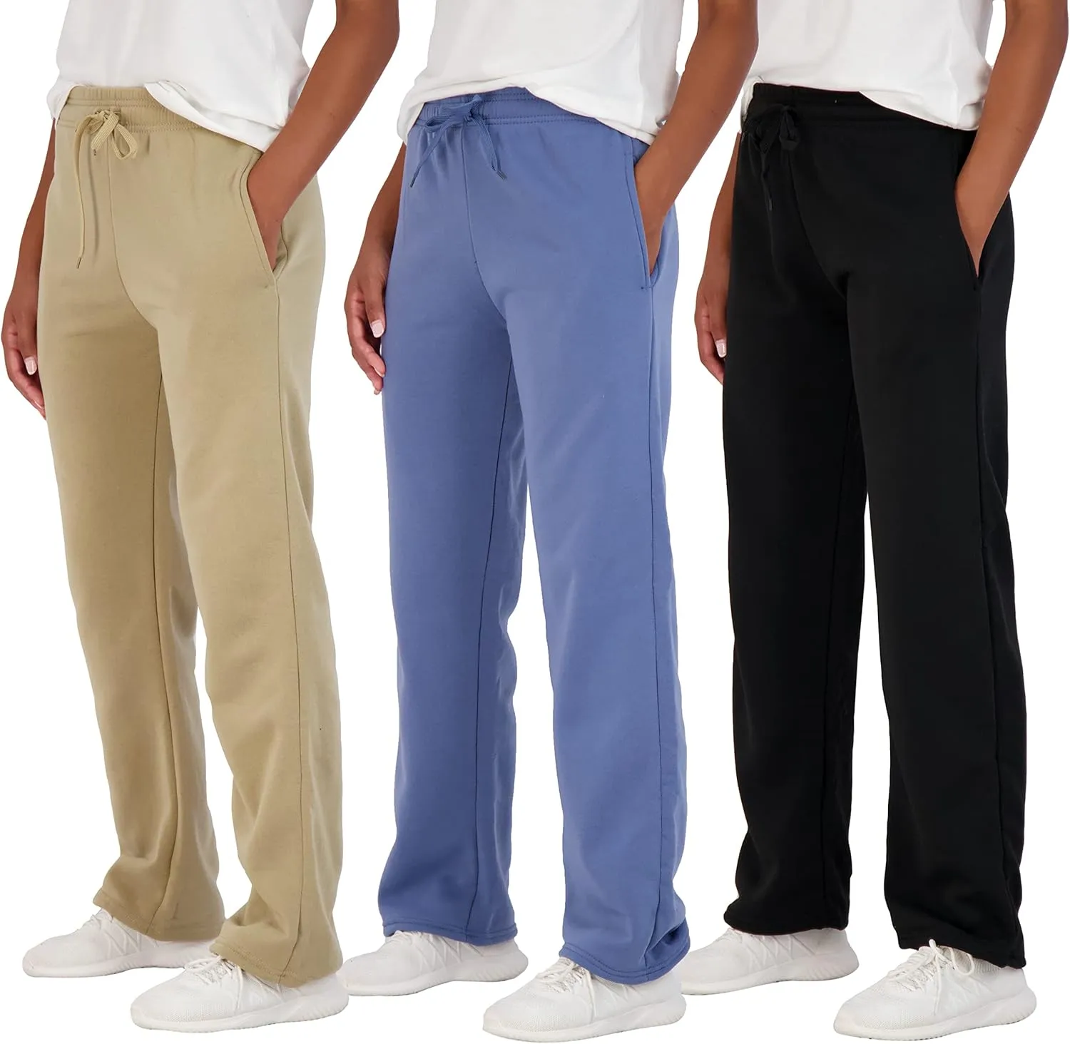 Real Essentials 3 Pack: Women's Relaxed Fit Fleece Open Bottom Sweatpants - Casual Athleisure (Available in Plus)