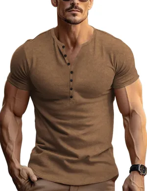 Retro Henley Shirts for Men Short Sleeve Distressed Casual Button Slim Fit Tee Shirts