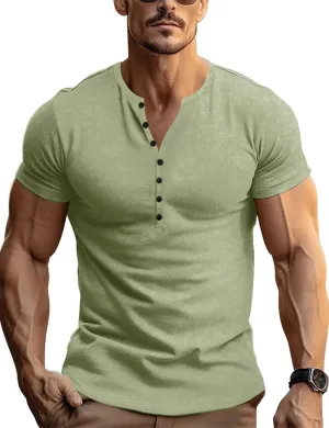 Retro Henley Shirts for Men Short Sleeve Distressed Casual Button Slim Fit Tee Shirts