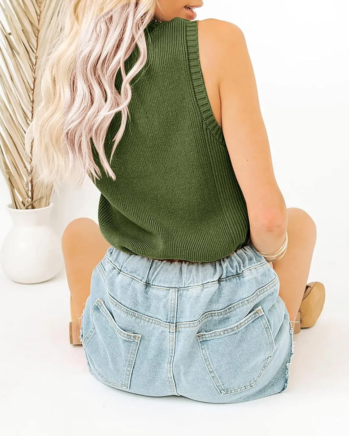 Rilista Women Summer Knit Tank Tops Sleeveless Turtleneck Cami Shirts Ribbed Mock Neck Pullover Sweater Vests