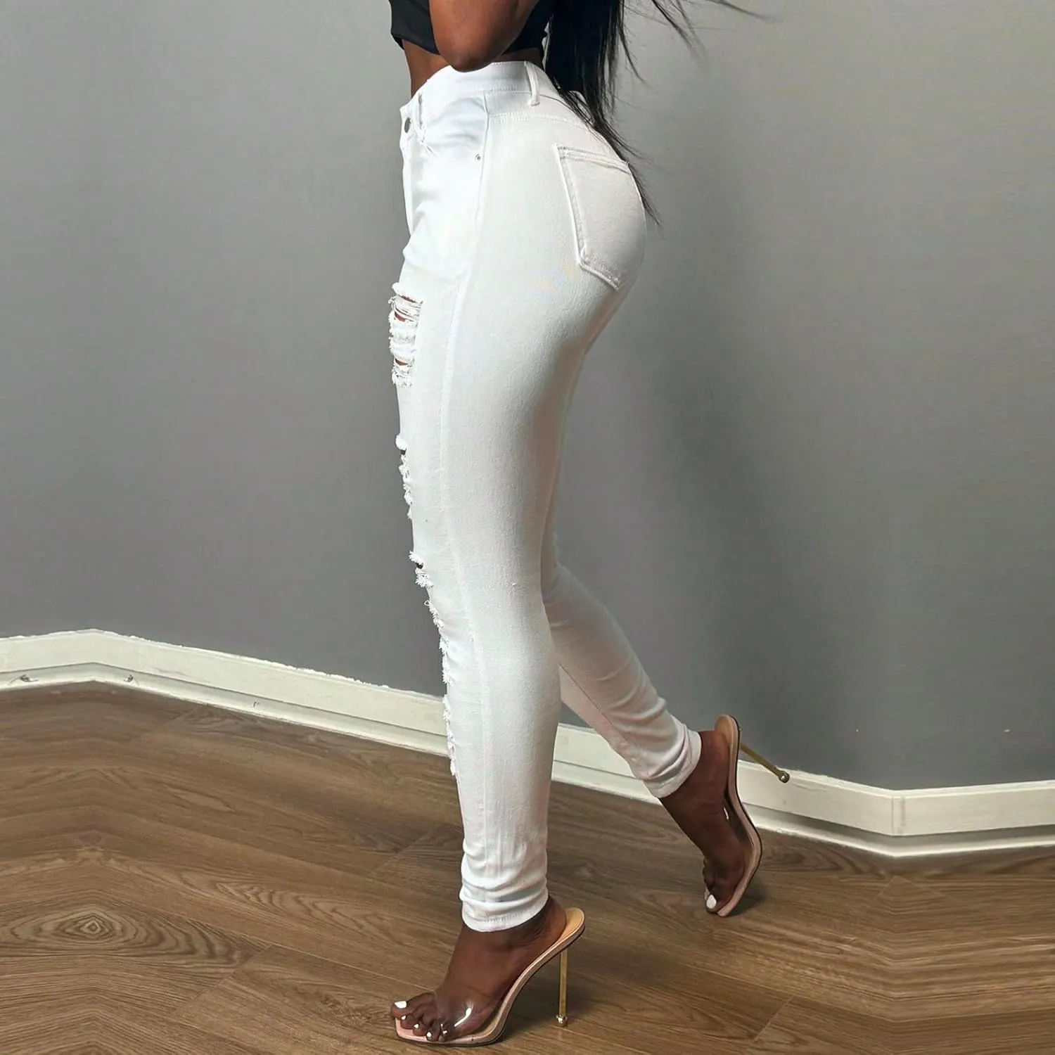 Ripped Jeans Womens High Waisted Stretchy Curvy Jeans with Pockets Slim Fit Tummy Control Distressed Denim Pants