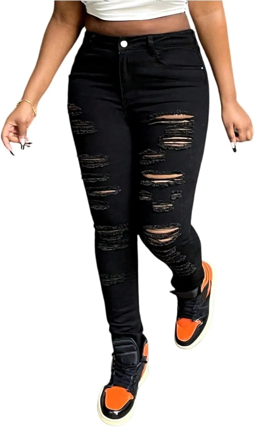 Ripped Jeans Womens High Waisted Stretchy Curvy Jeans with Pockets Slim Fit Tummy Control Distressed Denim Pants
