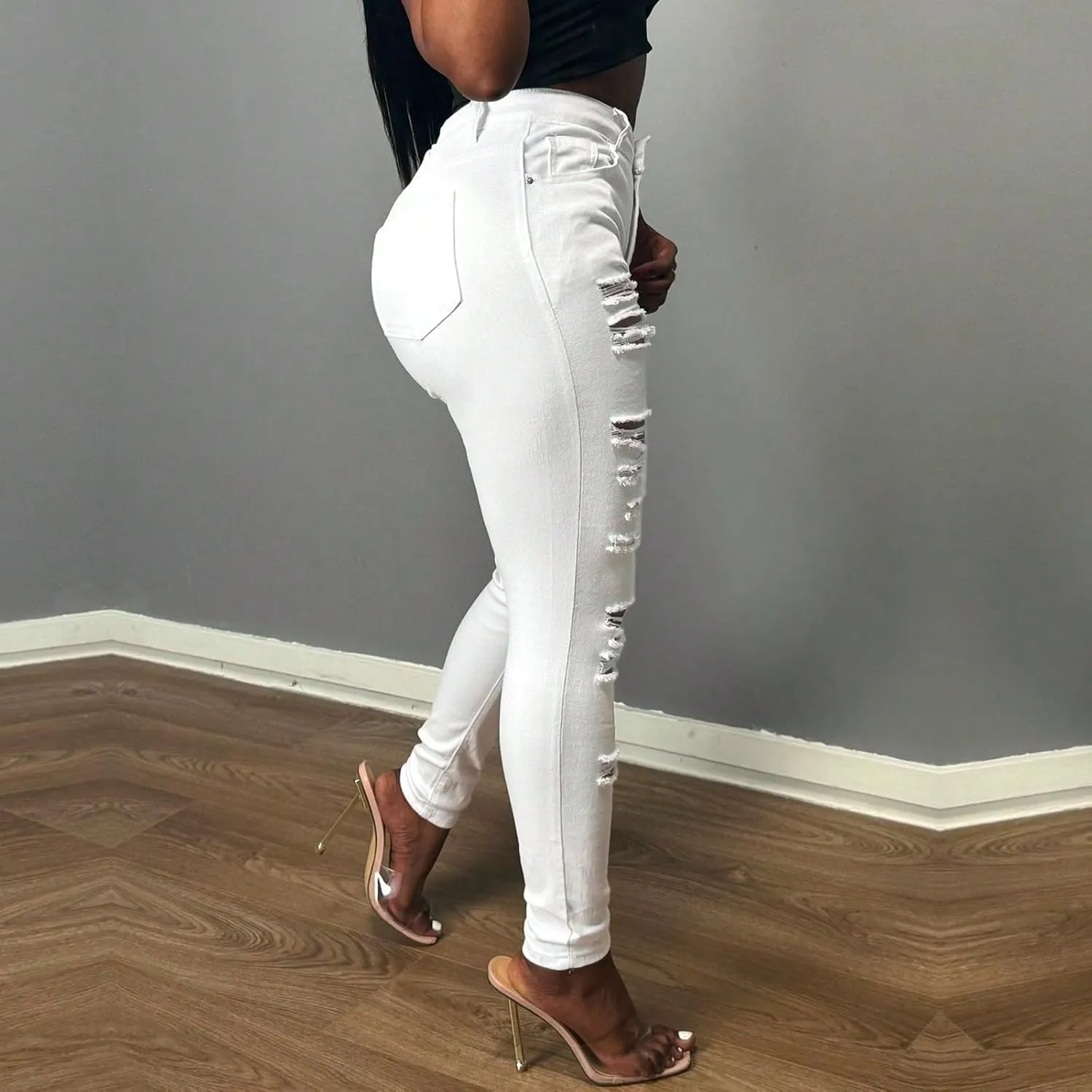 Ripped Jeans Womens High Waisted Stretchy Curvy Jeans with Pockets Slim Fit Tummy Control Distressed Denim Pants