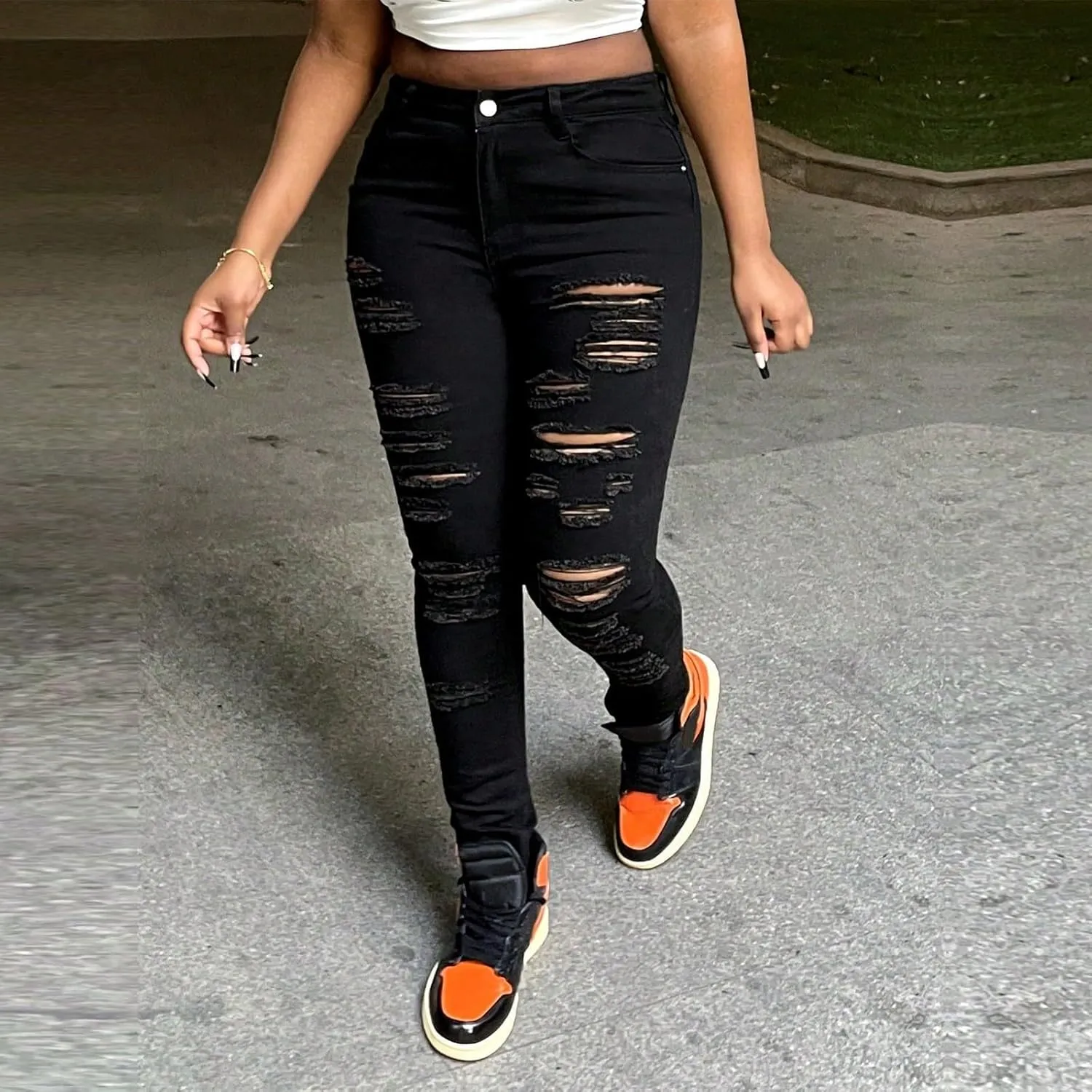 Ripped Jeans Womens High Waisted Stretchy Curvy Jeans with Pockets Slim Fit Tummy Control Distressed Denim Pants