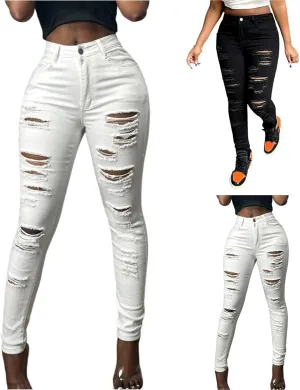 Ripped Jeans Womens High Waisted Stretchy Curvy Jeans with Pockets Slim Fit Tummy Control Distressed Denim Pants