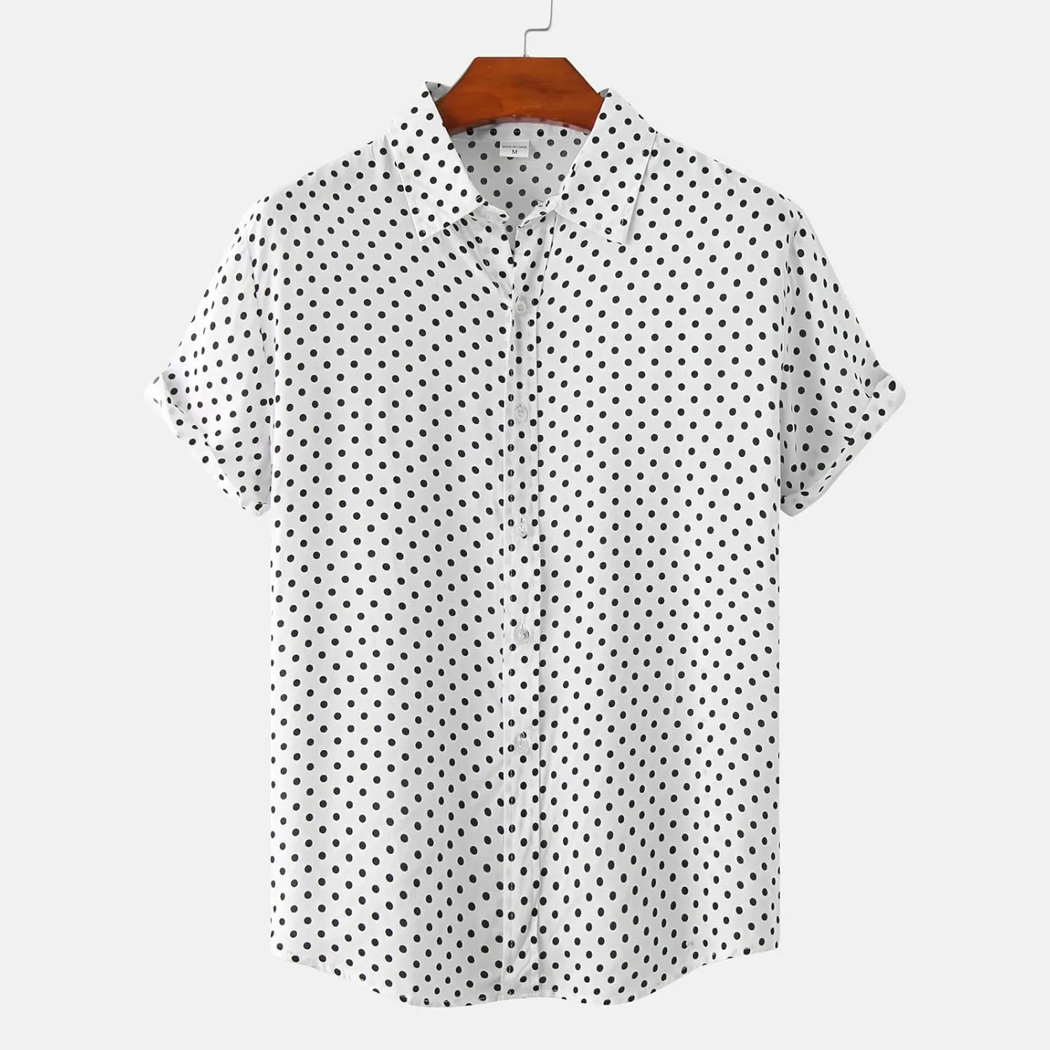 RTRDE Men's Short Sleeve Button Down Shirts Printed Cotton Linen Top Polka Dot Print Lapel Short Shirt Up Shirts