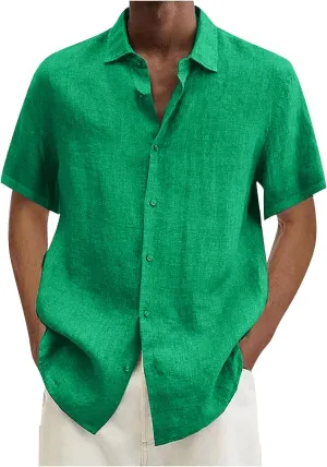 RTRDE Men's Short Sleeve Button Down Shirts Summer Casual Cotton Linen Solid Color Short Shirts Loose for Men, S-3XL