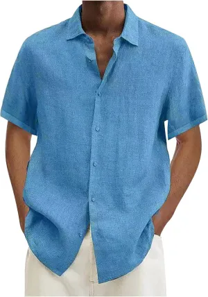RTRDE Men's Short Sleeve Button Down Shirts Summer Casual Cotton Linen Solid Color Short Shirts Loose for Men, S-3XL