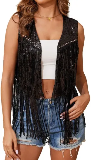 Sequin Fringe Vest Jackets for Women Sparkly Shiny Glitter Tops 70s Hippie Clothes Tassel Cowgirl Disco Western Outfit