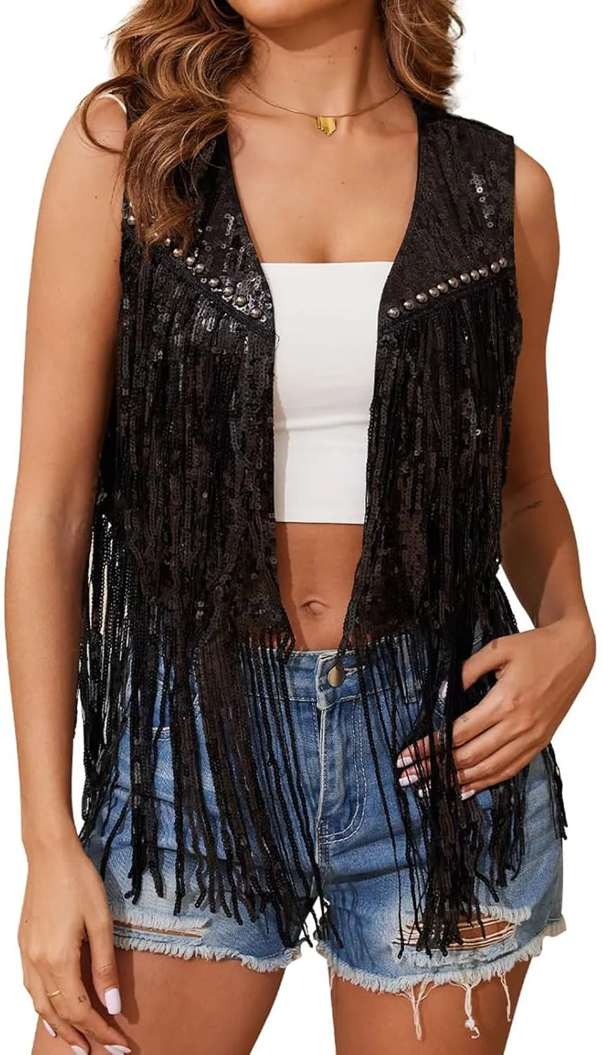 Sequin Fringe Vest Jackets for Women Sparkly Shiny Glitter Tops 70s Hippie Clothes Tassel Cowgirl Disco Western Outfit
