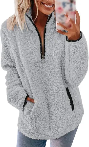 Sherpa Pullover Womens Quarter Zip Up Sweatshirts Casual Fleece Sweatshirts Long Sleeve Shirts with Pockets Outwear