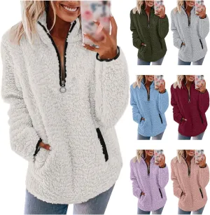Sherpa Pullover Womens Quarter Zip Up Sweatshirts Casual Fleece Sweatshirts Long Sleeve Shirts with Pockets Outwear
