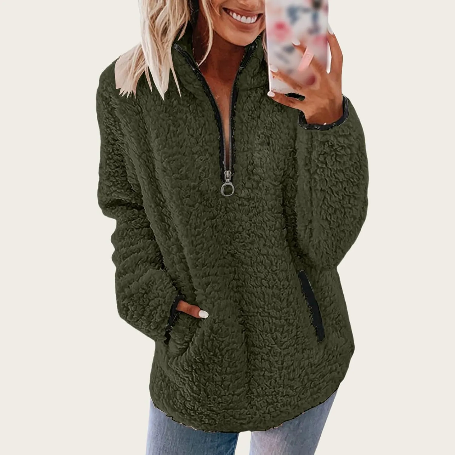 Sherpa Pullover Womens Quarter Zip Up Sweatshirts Casual Fleece Sweatshirts Long Sleeve Shirts with Pockets Outwear