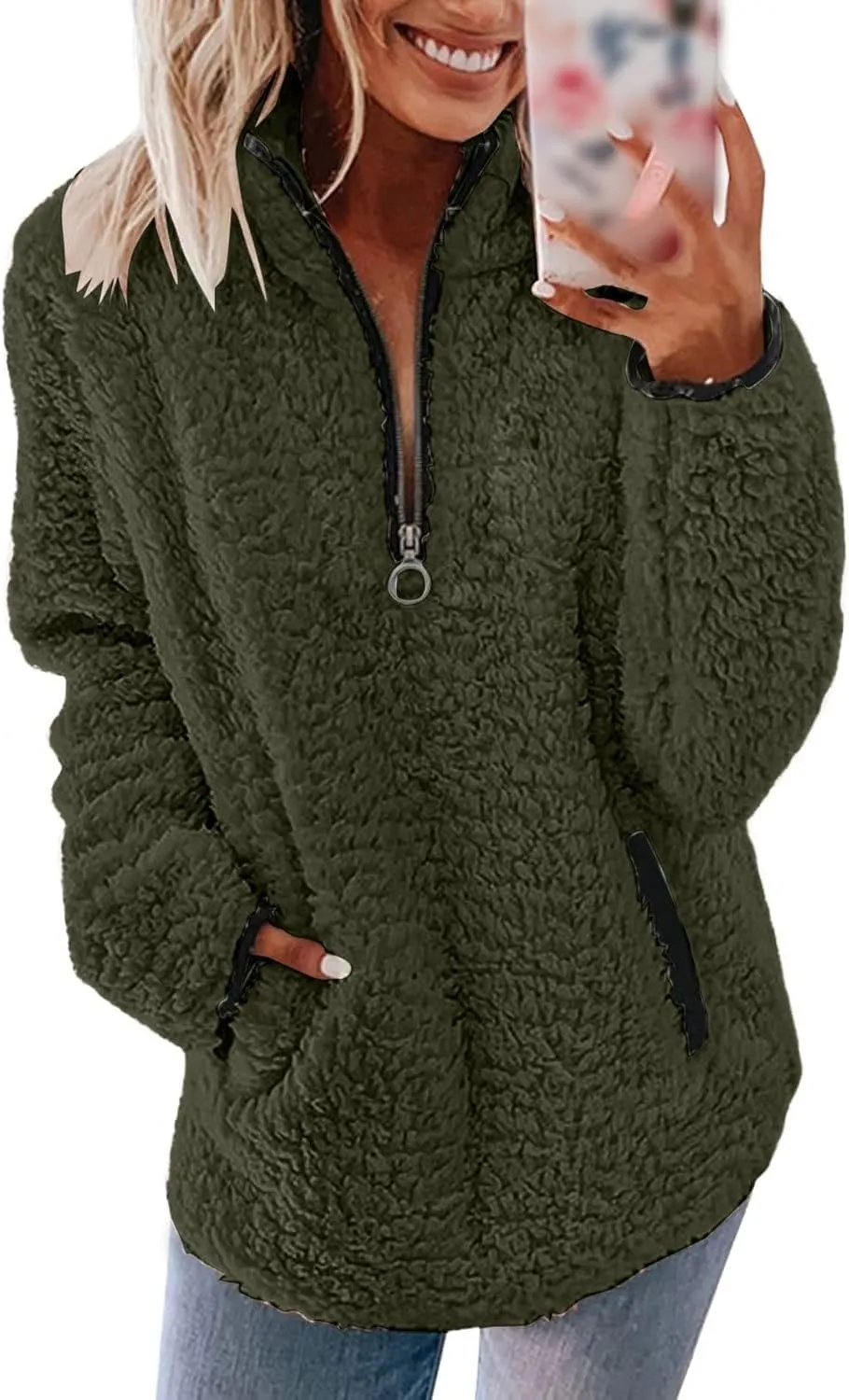 Sherpa Pullover Womens Quarter Zip Up Sweatshirts Casual Fleece Sweatshirts Long Sleeve Shirts with Pockets Outwear