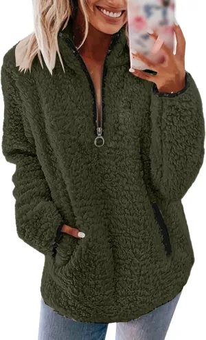 Sherpa Pullover Womens Quarter Zip Up Sweatshirts Casual Fleece Sweatshirts Long Sleeve Shirts with Pockets Outwear