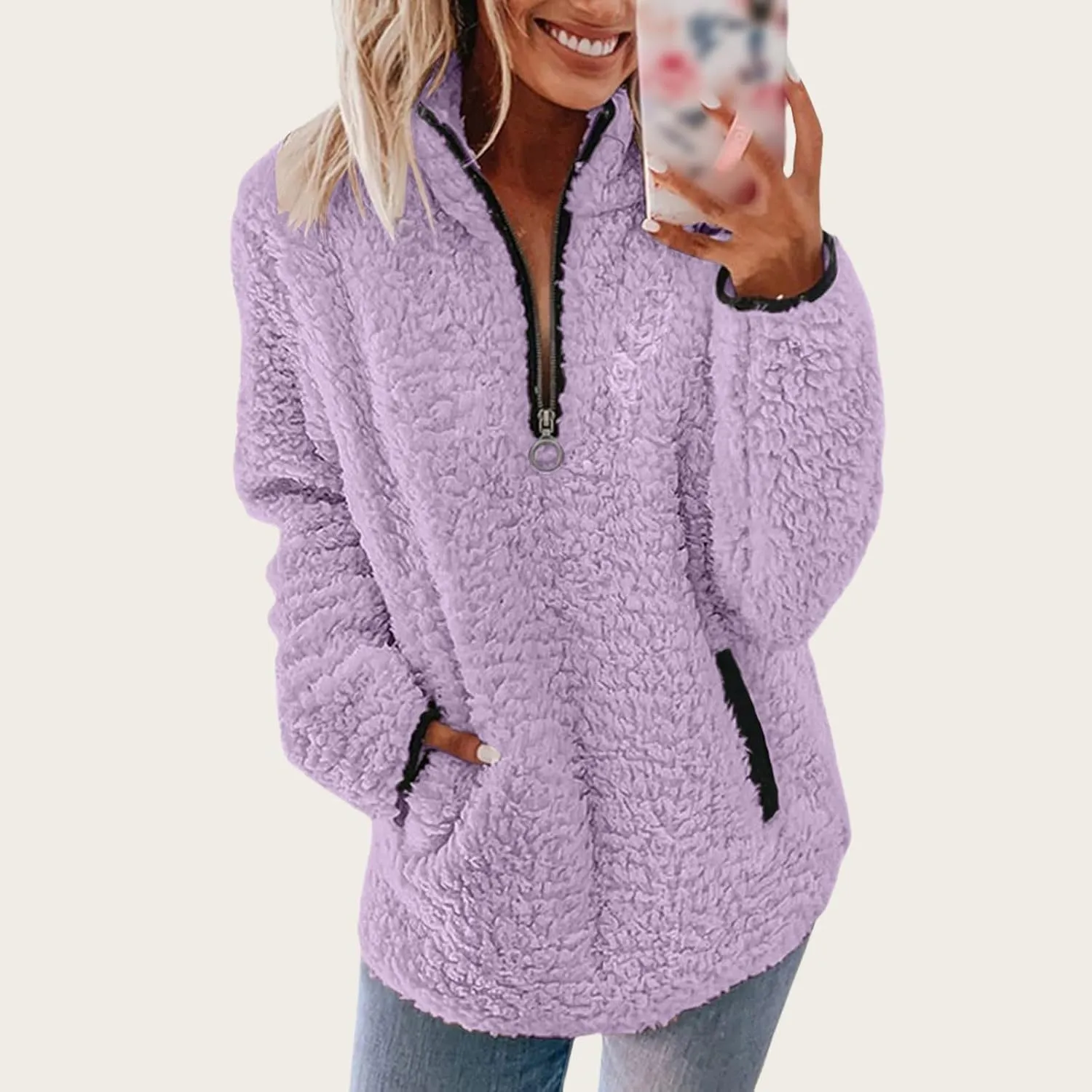 Sherpa Pullover Womens Quarter Zip Up Sweatshirts Casual Fleece Sweatshirts Long Sleeve Shirts with Pockets Outwear