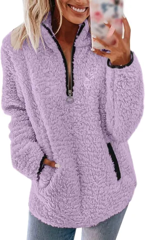 Sherpa Pullover Womens Quarter Zip Up Sweatshirts Casual Fleece Sweatshirts Long Sleeve Shirts with Pockets Outwear