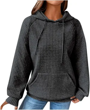 SHOPESSA Women Pullover Hoodie Sweatshirt Waffle-Knit Shacket Hooded Loose Fit Lightweight Jacket Long Sleeve Boyfriend Shirt