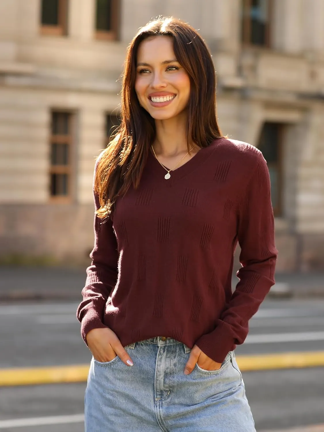 siliteelon Womens Sweater Long Sleeve Shirt V Neck Knit Sweater Work Casual Blouses Tops Lightweight Sweater Shirts