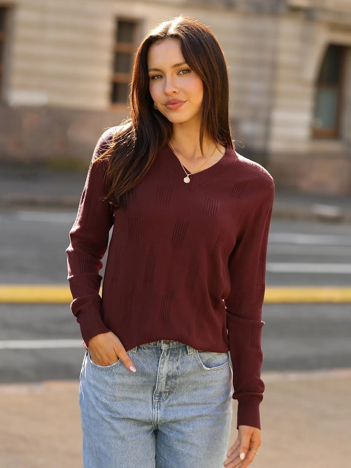 siliteelon Womens Sweater Long Sleeve Shirt V Neck Knit Sweater Work Casual Blouses Tops Lightweight Sweater Shirts