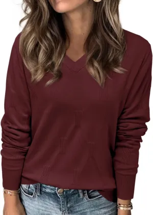 siliteelon Womens Sweater Long Sleeve Shirt V Neck Knit Sweater Work Casual Blouses Tops Lightweight Sweater Shirts