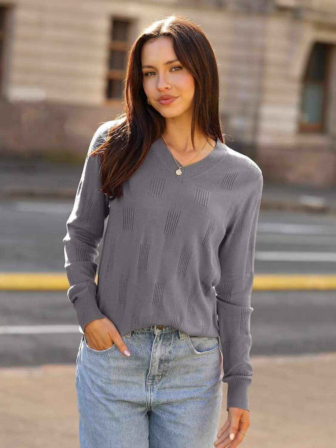 siliteelon Womens Sweater Long Sleeve Shirt V Neck Knit Sweater Work Casual Blouses Tops Lightweight Sweater Shirts