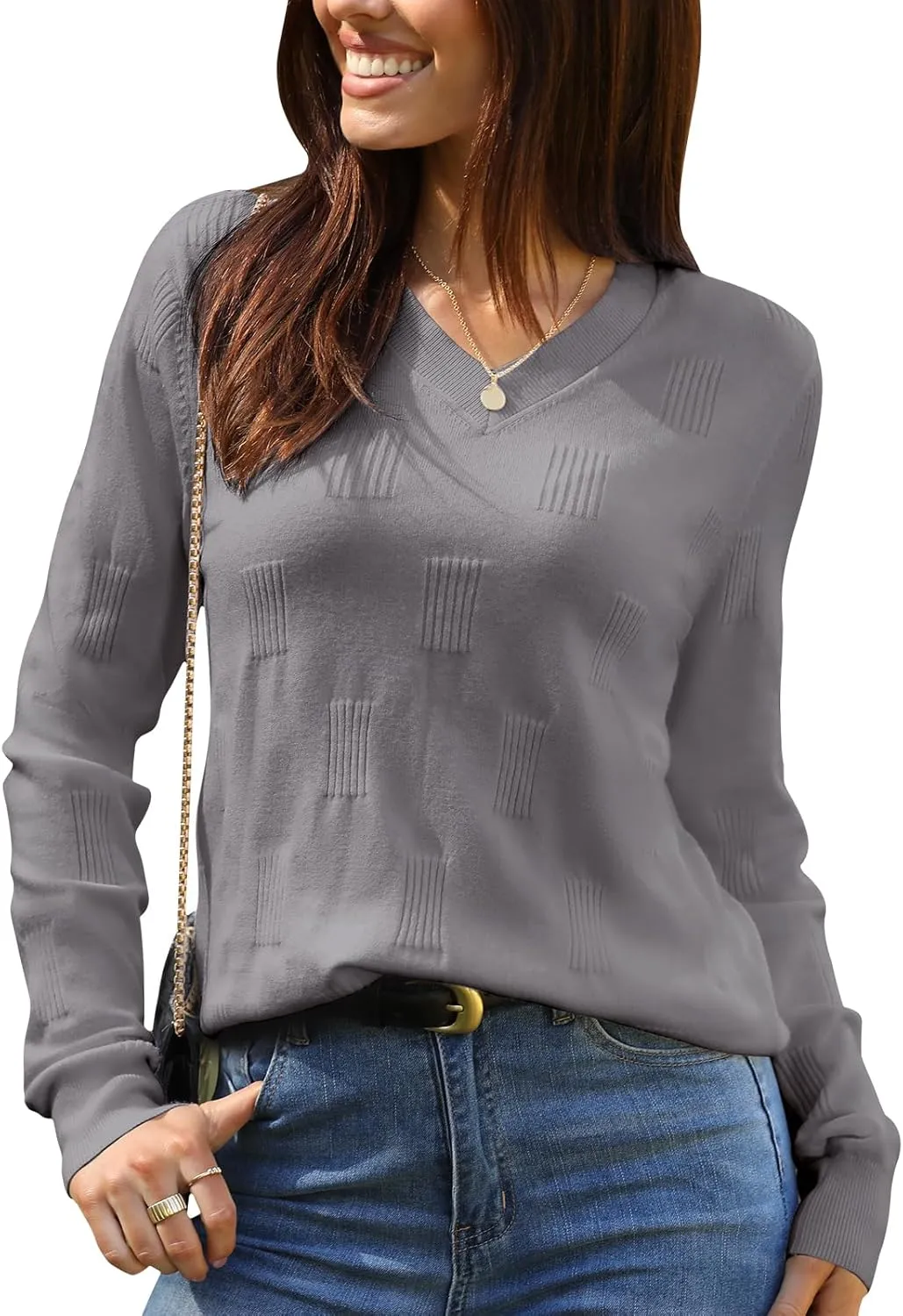 siliteelon Womens Sweater Long Sleeve Shirt V Neck Knit Sweater Work Casual Blouses Tops Lightweight Sweater Shirts